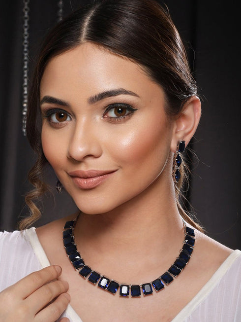 Silver Plated Blue CZ studded Minimal Jewellery Set