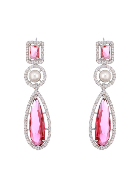 Silver Rhodium Red Zircon Pearl Beaded Designer Necklace Jewellery Set