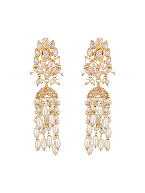 24K Gold Plated Kundan Studded Pearl Beaded Dropdown Minimal Lightweight Earring