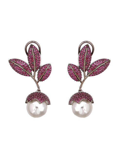 Silver Plated Red AD & Pearl Studded Luxe Designer Floral Designer Earrings