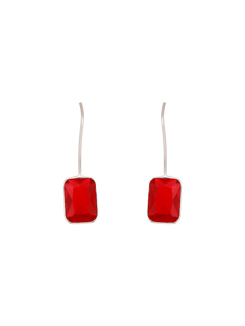 Silver Toned Oxidised Ruby Red Solitaire Minimal Fish Hook Earrings
