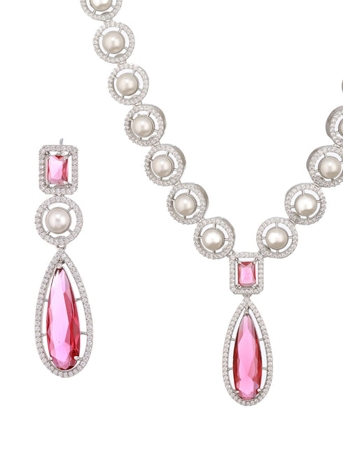 Silver Rhodium Red Zircon Pearl Beaded Designer Necklace Jewellery Set