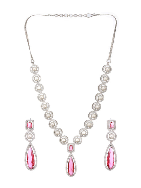 Silver Rhodium Red Zircon Pearl Beaded Designer Necklace Jewellery Set