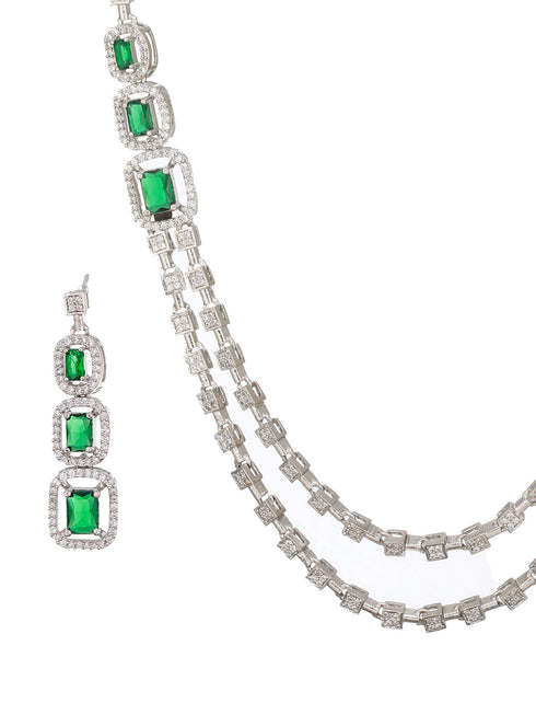 Silver Plated Green Zircon Studded Double 2 Lined Bridal Luxe Jewellery set