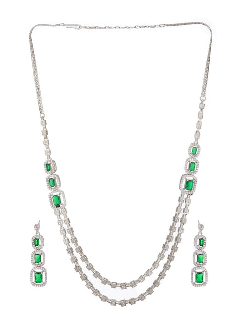 Silver Plated Green Zircon Studded Double 2 Lined Bridal Luxe Jewellery set