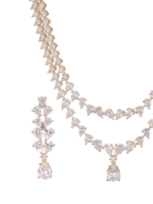 Gold Plated Zircon Studded Double Lined Pear Shaped Solitaire Bridal Necklace jewellery Set