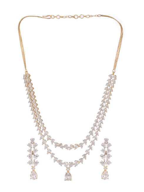 Gold Plated Zircon Studded Double Lined Pear Shaped Solitaire Bridal Necklace jewellery Set