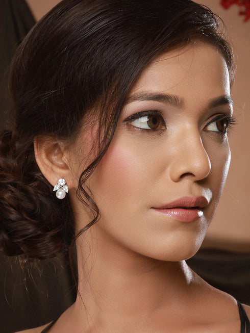 Silver Toned CZ & Pearl Studded Solitaire Minimal Studds earrings