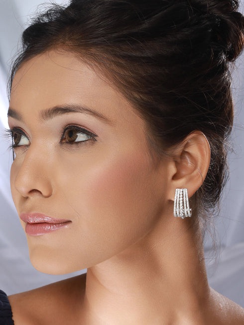 Silver Plated AD Studded Minimal Hoop Earrings