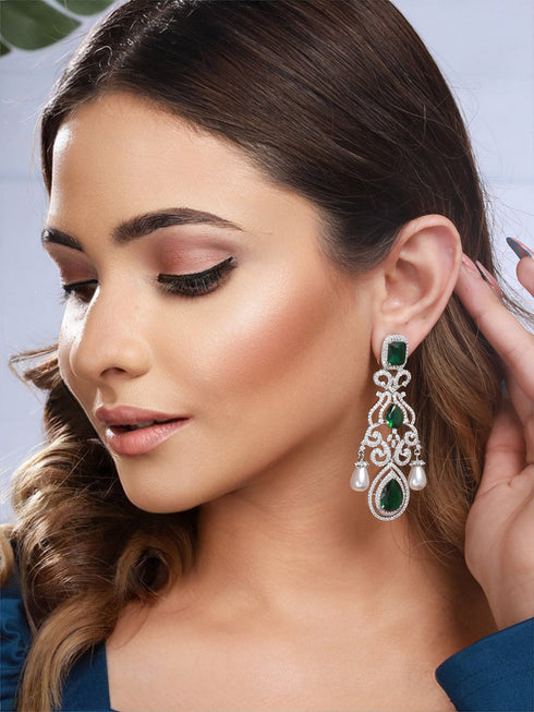 Silver Toned Green Zircon Pearl Beaded Statement Chandelier Earrings