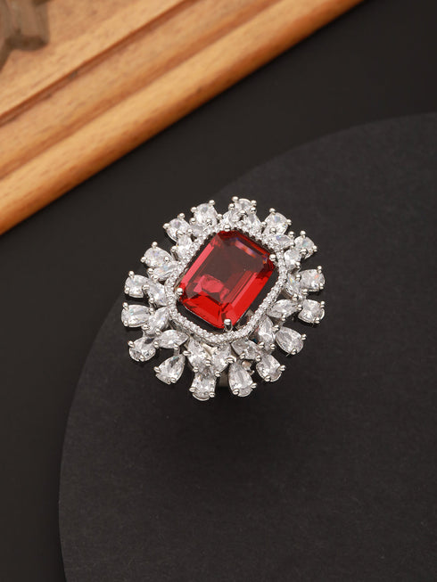 Silver Plated Red CZ Studded Designer Adjustable Cocktail Finger Ring