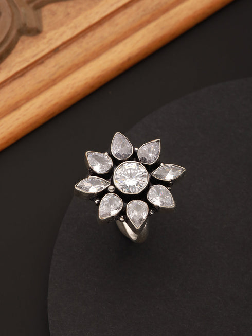 Silver Oxidised White Stones Studded Adjustable Finger Ring