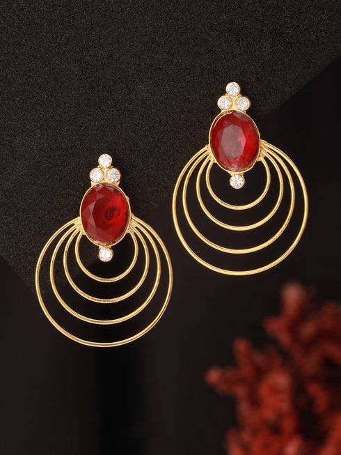 24K Gold Plated Red Ruby Circular Minimal Chunky Chandbali Luxe Studds Earrings