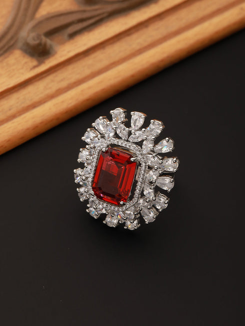 Silver Plated Red CZ Studded Designer Adjustable Cocktail Finger Ring
