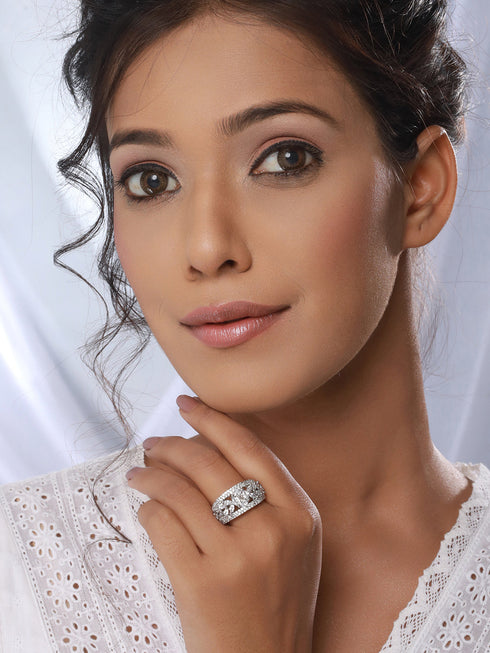 Silver Toned AD Studded Engagement Band Finger Rings