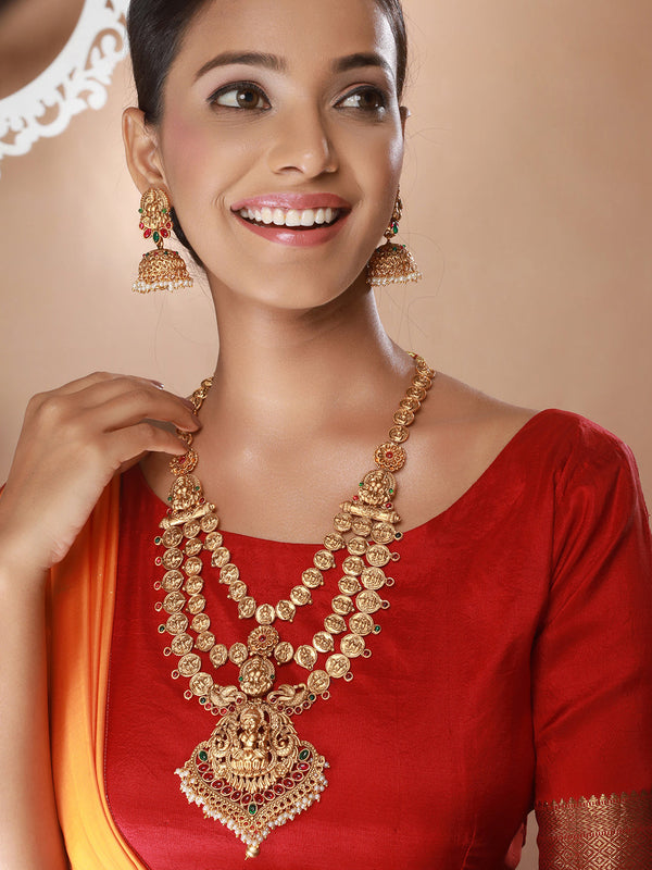 22K Gold-Plated Stone-Studded & Beaded Temple Lakshmiji Coin Bridal Jewellery Set