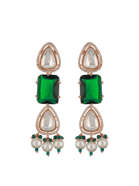 Gold Plated Emerald Green Ad & Original Kundan & Pearl Beaded Bridal Luxe Necklace Jewellery Set