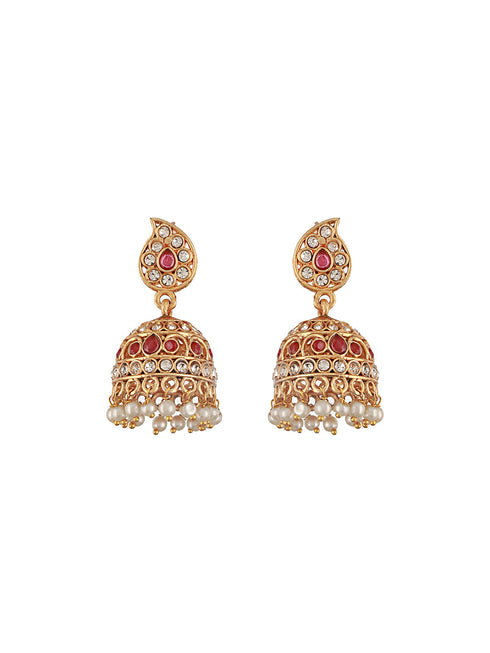 Gold Plated Red Zircon & Pearl Beaded Floral Pipe Pendant Jewellery Set With Jhumka