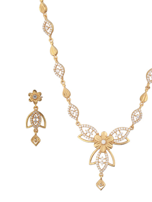 Gold Plated CZ Studded Floral Pendant Minimal Necklace Jewellery Set