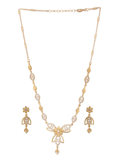 Gold Plated CZ Studded Floral Pendant Minimal Necklace Jewellery Set