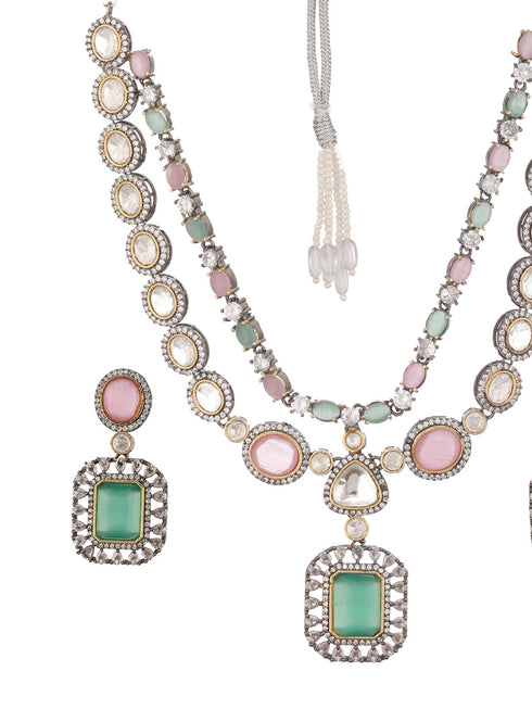 Gold Toned Pink & Mint Kundan Studded Double Lined Bridal Jewellery Set