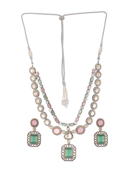 Gold Toned Pink & Mint Kundan Studded Double Lined Bridal Jewellery Set