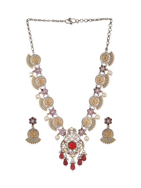 Dual Toned Silver Oxidised Maroon Pearl Beaded Floral Statement jewellery Set