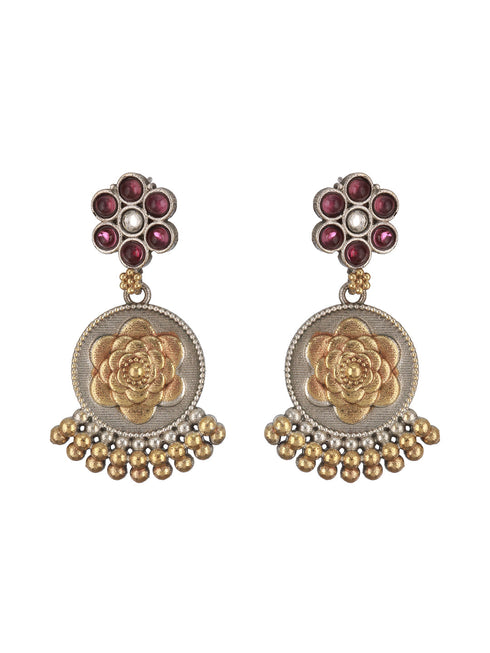 Dual Toned Silver Oxidised Maroon Pearl Beaded Floral Statement jewellery Set