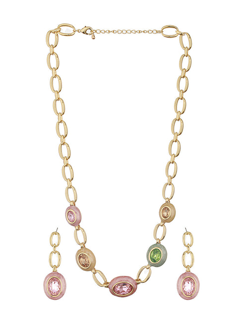 Anti-Tarnish Gold Plated Crystal Studded Link Chain Necklace jewellery Set