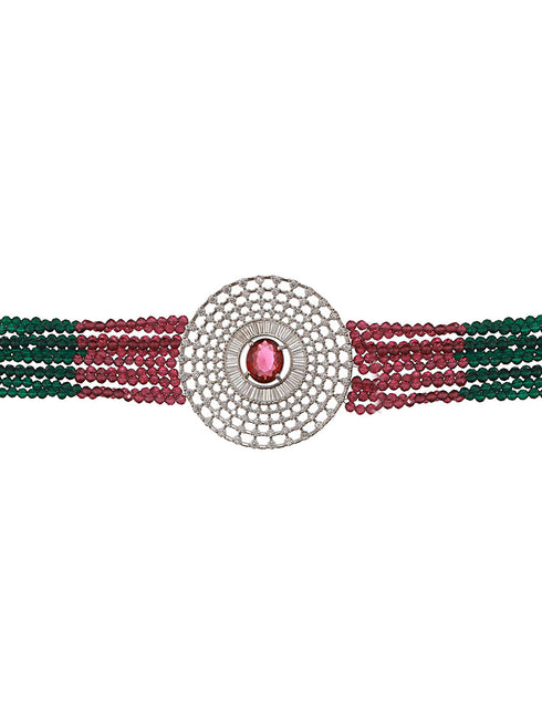 Silver Plated Ruby Red Studded Pearl Beaded Studds Earrings With Choker Jewellery Set