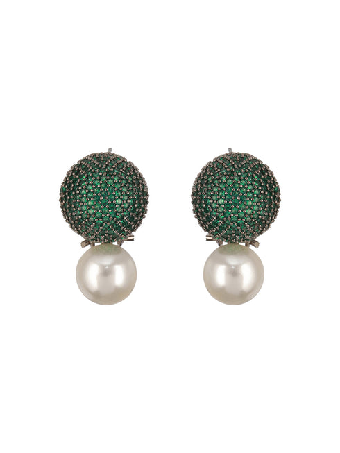 Green AD & Pearl Beaded Designer Luxe Stud Earrings