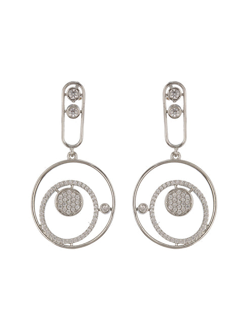 Silver Toned CZ Studded Modern Minimal Designer Concentric Chandbali Earrings