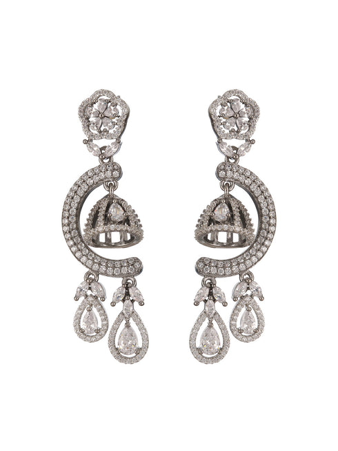 Silver Oxidised Toned CZ Studded Designer Chanbali Jhumki Earrings