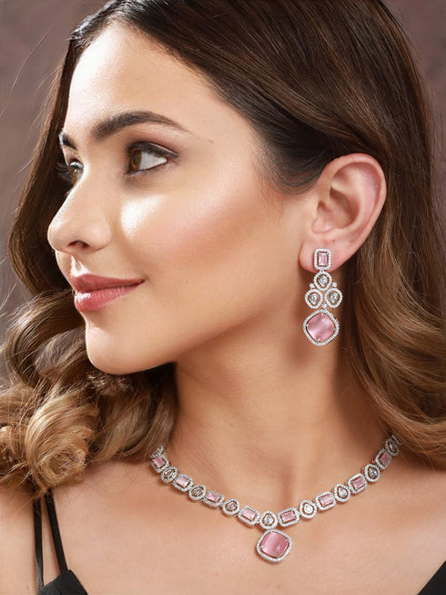 White Rhodium Pink Zircon Studded DeSigner Necklace jewellery Set