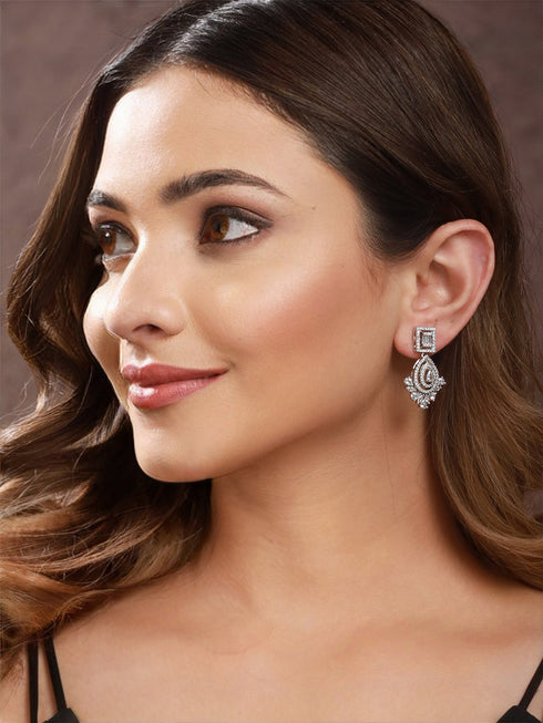 Silver Toned CZ Studded Minimal Chandbali Earrings