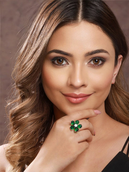 Silver Plated Green Emerald Zircon Minimal Floral Ring