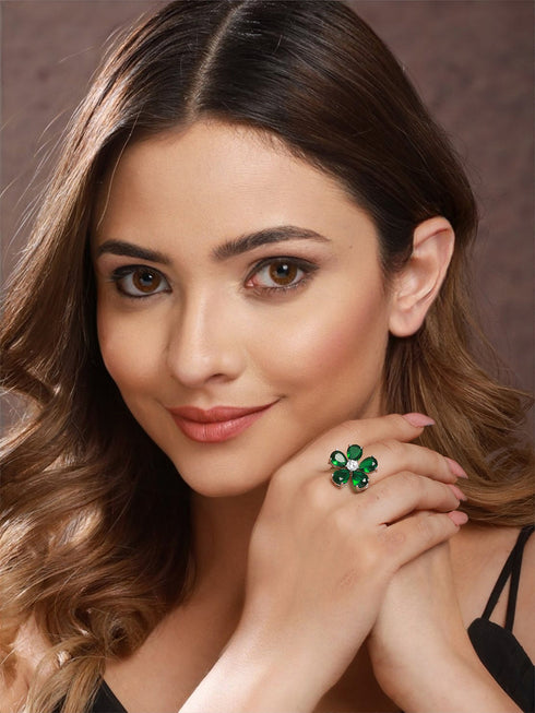 Silver Plated Green Emerald Zircon Minimal Floral Ring