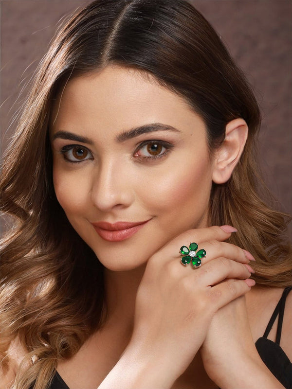 Silver Plated Green Emerald Zircon Minimal Floral Ring