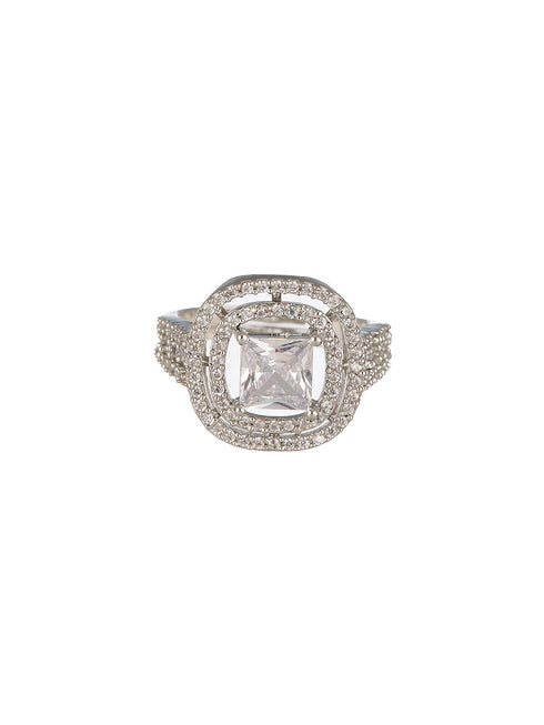 Silver Toned AD Studded Engagement Band Finger Rings