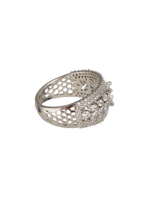 Silver Toned AD Studded Engagement Band Finger Rings