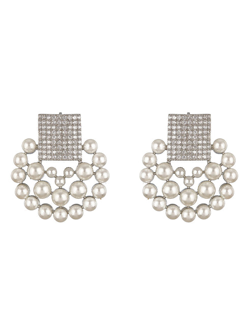 Silver Toned CZ & Pearl Beaded Designer studds Earrings