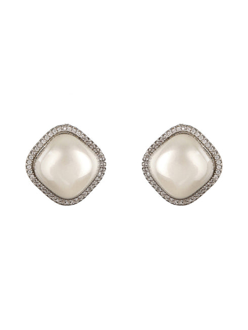 Silver Toned Pearl Minimal Square Studds Earring