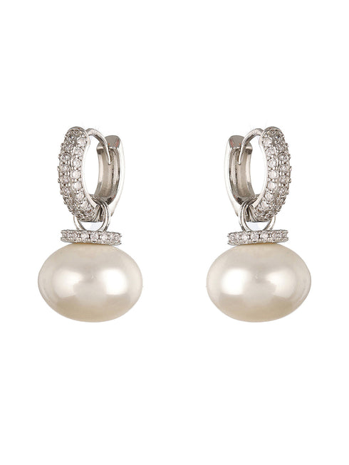 Silver Toned Pearl Drop Minimal Hoop Earrings