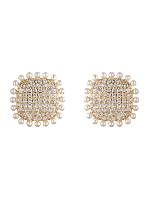 Gold Toned AD Studded Pearl Minimal Studds Earring