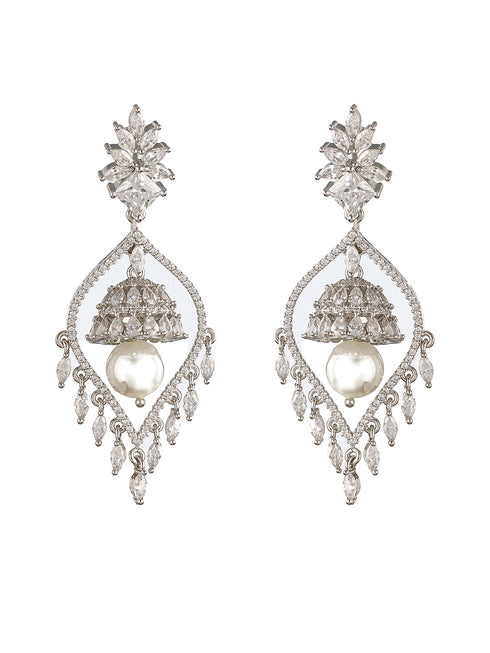 Silver Plated CZ Studded & Pearl Beaded Delicate Jhumka Chandelier Earrings
