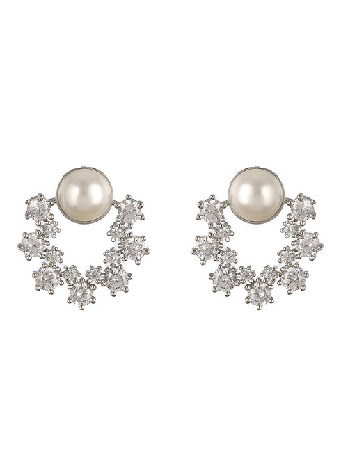 Silver toned Pearl & CZ Studded Minimal Hoop Studds Earring