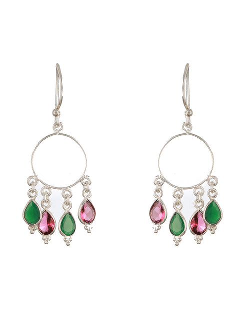 Silver Toned Red & Green AD Minimal Chandbali Earring