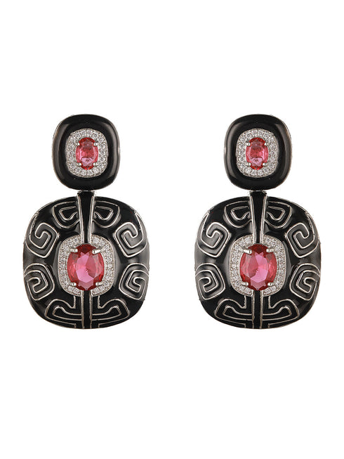 Black Enamelled Red AD studded Statement Drop Earrings