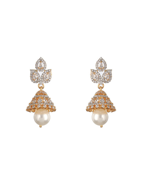 Gold Plated Zircon & Pearl Beaded Minimal Jhumka Earring