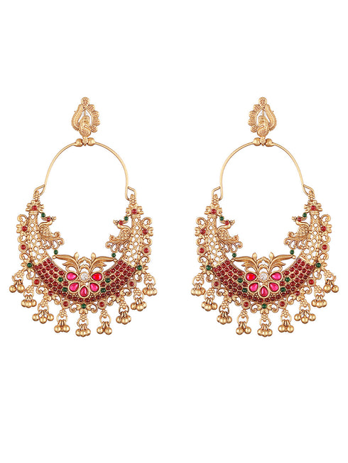 22k Gold Plated Multi Stone Studded & Beaded Temple Chandbali Earrings